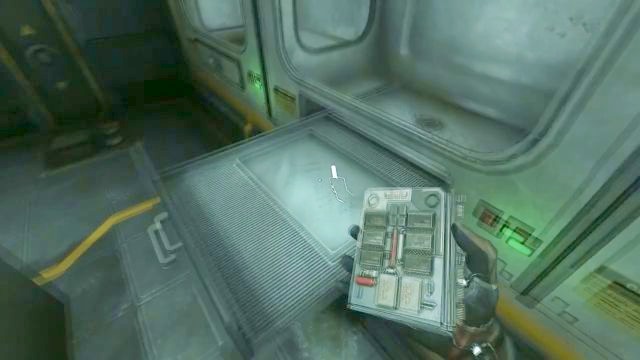 Place the chip on the drawer and then push it inside. - 16 - Omicron station - Riddles and puzzles - SOMA - Game Guide and Walkthrough