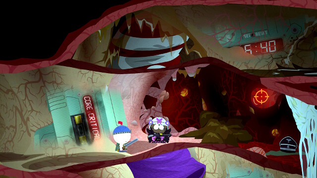 Shoot at the spot shown in the screenshot, when the zombie bacteria walks under it, to eliminate the germ - Beat Up Clyde! - Walkthrough - South Park: The Stick of Truth - Game Guide and Walkthrough