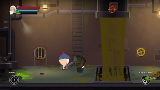 By shooting at the valves, you shut down the sludge - ManBearPig - Side quests - South Park: The Stick of Truth - Game Guide and Walkthrough