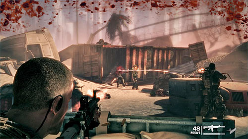 Wait until the sniper eliminates the threat and move forwards, taking cover behind one of the low walls - Chapter I - The Evacuation - p. 1 - Game Walkthrough - Spec Ops: The Line - Game Guide and Walkthrough