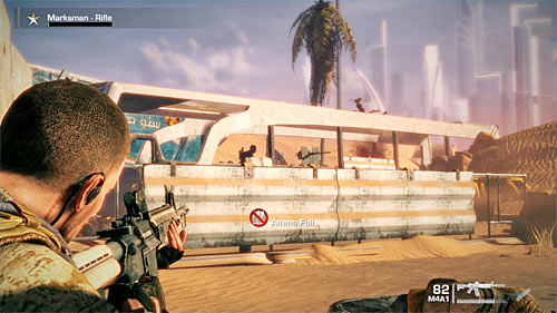 Wait until the grenade explodes and quickly shoot enemies in the bus, focusing on the machine gun operator - Chapter I - The Evacuation - p. 1 - Game Walkthrough - Spec Ops: The Line - Game Guide and Walkthrough