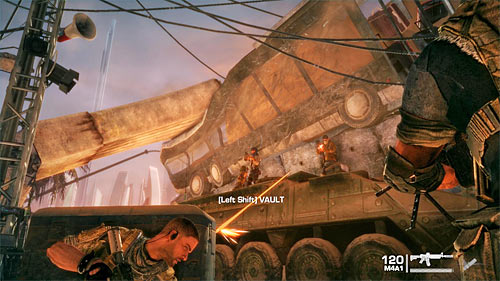 Do not wait for the end of conversation, but aim at a place indicated by the game - at one of the shutters of the sand filled bus - Chapter I - The Evacuation - p. 1 - Game Walkthrough - Spec Ops: The Line - Game Guide and Walkthrough