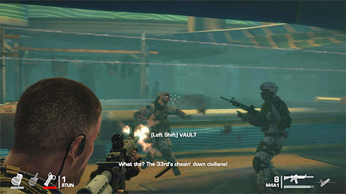 Move towards the shutter visible in the distance and shoot two soldiers running after civilians - Chapter IV - The Refugees - p. 1 - Game Walkthrough - Spec Ops: The Line - Game Guide and Walkthrough