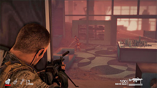 Right after landing stay behind the pillar, where Walker takes cover behind by default - Chapter V - The Edge - p. 2 - Game Walkthrough - Spec Ops: The Line - Game Guide and Walkthrough