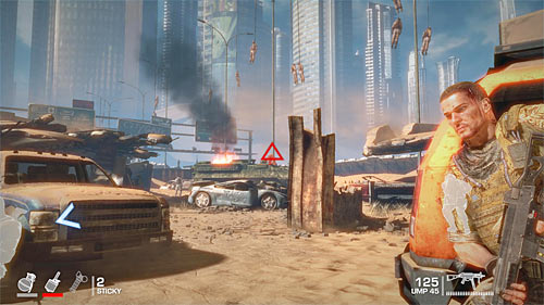 I suggest placing yourself behind the orange car, because you can find a grenade crate there - Chapter VII - The Battle - Game Walkthrough - Spec Ops: The Line - Game Guide and Walkthrough