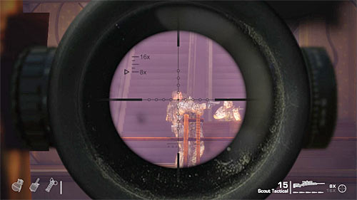 Pick up the sniper rifle (Scout Tactical) standing next to the railing and aim the persons visible in a distance - Chapter XI - Alone - Game Walkthrough - Spec Ops: The Line - Game Guide and Walkthrough