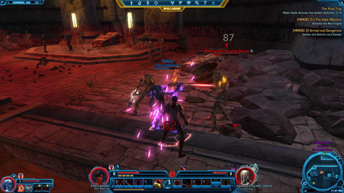 Only when you are absolutely sure there's no one else in the room but Lord Sundar [*] and his six helpers, use boosting abilities and quickly kill two Mind-Controlled Engineers [+] in [9] - (L08) [HEROIC 2] Armed and Dangerous - Korriban - Star Wars: The Old Republic - Game Guide and Walkthrough