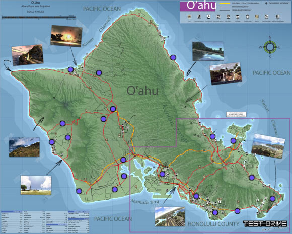 Blue dots are the locations of all courier missions - Mission challenges - Courier - Oahu map - Test Drive Unlimited - Game Guide and Walkthrough