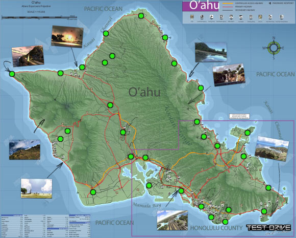 Green dots are the locations of car delivery challenges - Mission challenges - Delivering cars - Oahu map - Test Drive Unlimited - Game Guide and Walkthrough