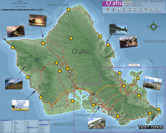 Orange dots are the locations of all hitchhiker challenges - Mission challenges - Hitchhikers - Oahu map - Test Drive Unlimited - Game Guide and Walkthrough