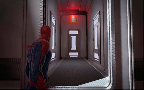 Quickly jump to the other side through the hole on the left and afterwards head into the ventilation shaft above the locked door (RB) - Chapter 01 - Oscorp Is Your Friend - Walkthrough - The Amazing Spider-Man - Game Guide and Walkthrough