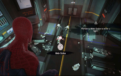 From there you will be able to shoot web at them (RB) and afterwards continue the fight normally - Chapter 01 - Oscorp Is Your Friend - Walkthrough - The Amazing Spider-Man - Game Guide and Walkthrough