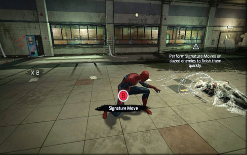 Stunned enemies can be quickly disarmed by pressing B - Chapter 02 - Escape Impossible - Walkthrough - The Amazing Spider-Man - Game Guide and Walkthrough