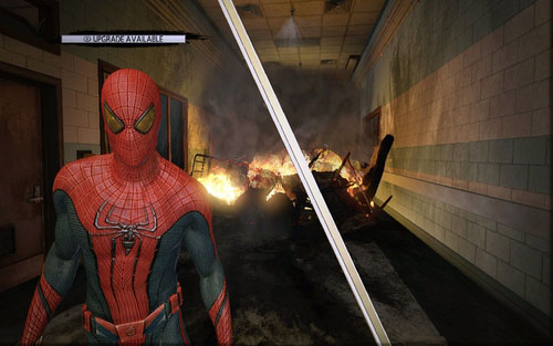 The corridor will lead you to a pile of burning furniture - Chapter 02 - Escape Impossible - Walkthrough - The Amazing Spider-Man - Game Guide and Walkthrough