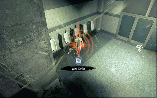 That way you will reach the toiler, with another enemy standing by the urinal - Chapter 02 - Escape Impossible - Walkthrough - The Amazing Spider-Man - Game Guide and Walkthrough