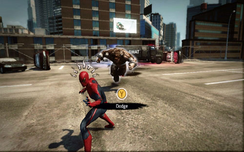 During the fight, run as far away from the enemy as possible and wait beside the SWAT car for him to charge - Chapter 03 - In the Shadow of Evils Past - p. 1 - Walkthrough - The Amazing Spider-Man - Game Guide and Walkthrough