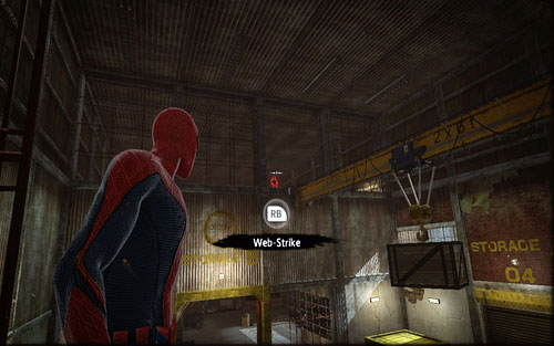 After stunning the enemy, turn right and afterwards grab the ceiling on the left - Chapter 03 - In the Shadow of Evils Past - p. 1 - Walkthrough - The Amazing Spider-Man - Game Guide and Walkthrough