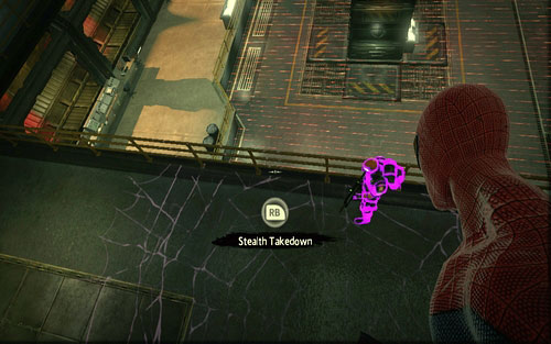 Start off by quickly getting rid of the enemy below and afterwards stun the ones on the left and right - Chapter 03 - In the Shadow of Evils Past - p. 2 - Walkthrough - The Amazing Spider-Man - Game Guide and Walkthrough