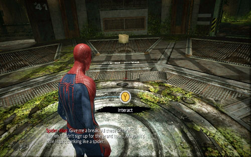 Jump above it and stand in the middle of the next room - Chapter 04 - The Thrill of the Hunt - p. 1 - Walkthrough - The Amazing Spider-Man - Game Guide and Walkthrough