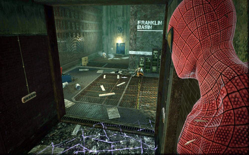 Move above the toxic stain by sticking to the walls and take care of more enemies - Chapter 04 - The Thrill of the Hunt - p. 1 - Walkthrough - The Amazing Spider-Man - Game Guide and Walkthrough