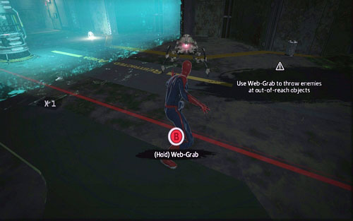 In order to do that, use Web Rush on the robot walking nearby and afterwards hold down B - Chapter 06 - Smythe Strikes Back - p. 1 - Walkthrough - The Amazing Spider-Man - Game Guide and Walkthrough