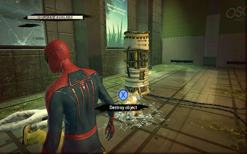 After dealing with all the enemies, destroy the nearby electric barriers generator by quickly pressing X - Chapter 06 - Smythe Strikes Back - p. 1 - Walkthrough - The Amazing Spider-Man - Game Guide and Walkthrough