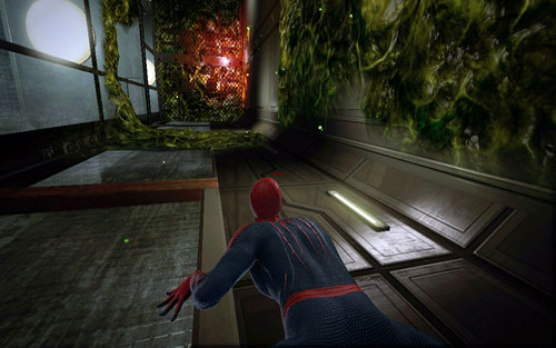 With all of them lying unconsciousness on the ground, climb up the next elevator shaft, avoiding the green substance stains on your way - Chapter 06 - Smythe Strikes Back - p. 1 - Walkthrough - The Amazing Spider-Man - Game Guide and Walkthrough