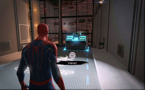 With the area clear, head back a bit and use the computer to open the door - Chapter 06 - Smythe Strikes Back - p. 1 - Walkthrough - The Amazing Spider-Man - Game Guide and Walkthrough