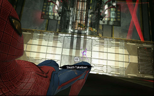 Head out of the room and silently eliminate all the robots above - Chapter 10 - Spider-Man No More! - p. 1 - Walkthrough - The Amazing Spider-Man - Game Guide and Walkthrough
