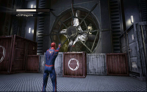 After clearing the area, stop the turbine on the platform and head to the other side - Chapter 10 - Spider-Man No More! - p. 1 - Walkthrough - The Amazing Spider-Man - Game Guide and Walkthrough