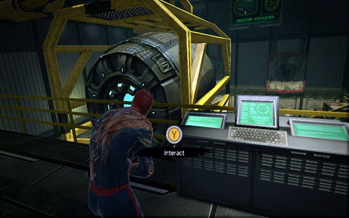 Firstly use the nearby computer and afterwards go down and up the stairs on the other side - Chapter 10 - Spider-Man No More! - p. 2 - Walkthrough - The Amazing Spider-Man - Game Guide and Walkthrough