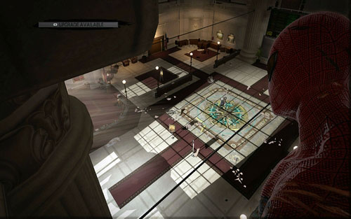 Get rid of the other enemies silently, hiding before the pillars above in case they notice you - 2 - St. Gabriel's Bank - Side missions - The Amazing Spider-Man - Game Guide and Walkthrough