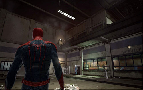 After you learn how to throw objects with the Web Rush, quickly defeat the attacked enemies and afterwards jump onto the higher level of the room - Chapter 02 - Escape Impossible - Collectibles inside buildings - The Amazing Spider-Man - Game Guide and Walkthrough