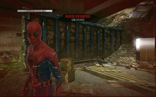 Behind the blue crate on the left side there's the second piece of Evidence - Chapter 04 - The Thrill of the Hunt - Collectibles inside buildings - The Amazing Spider-Man - Game Guide and Walkthrough