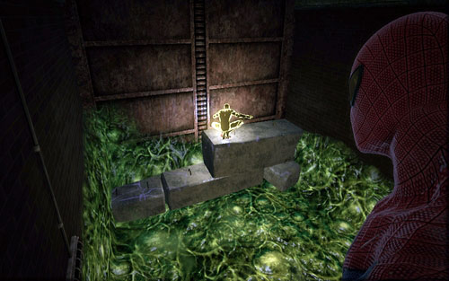 Grab onto walls to avoid the acid, turn right and pick up the item from the ground - Chapter 04 - The Thrill of the Hunt - Collectibles inside buildings - The Amazing Spider-Man - Game Guide and Walkthrough