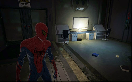 Quickly destroy the machine and check the desks on the right - Chapter 06 - Smythe Strikes Back - p. 1 - Collectibles inside buildings - The Amazing Spider-Man - Game Guide and Walkthrough