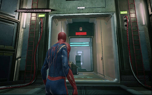 After defeating two generators blocking the door, go through the gate and examine the right side of the room - Chapter 07 - Spidey to the Rescue - p. 1 - Collectibles inside buildings - The Amazing Spider-Man - Game Guide and Walkthrough