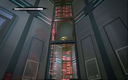 After destroying two generators blocking the door, go through the door and jump through the hole in the laser wall - Chapter 07 - Spidey to the Rescue - p. 2 - Collectibles inside buildings - The Amazing Spider-Man - Game Guide and Walkthrough