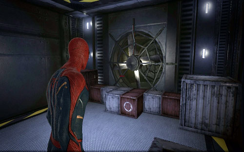 After defeating a big army of robots and blocking four passages, jump onto the crate on the right side (beside the turbine) - Chapter 10 - Spider-Man No More! - p. 1 - Collectibles inside buildings - The Amazing Spider-Man - Game Guide and Walkthrough