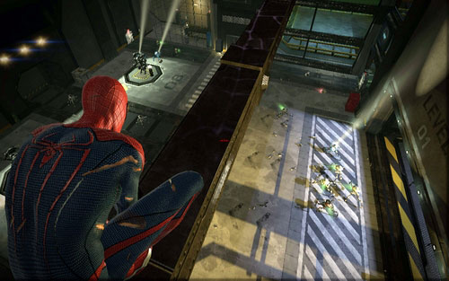 After defeating the big army of robots and blocking four passages, jump through the hole in the grate on the left - Chapter 10 - Spider-Man No More! - p. 1 - Collectibles inside buildings - The Amazing Spider-Man - Game Guide and Walkthrough