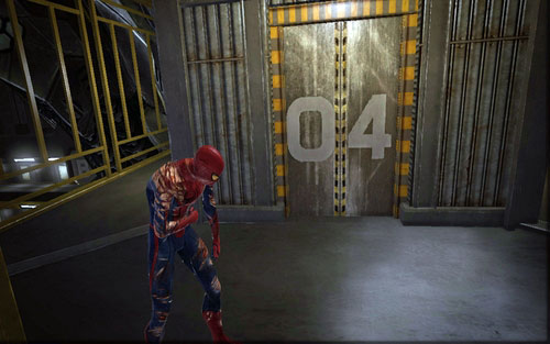 As you're running from the robot along the demolished walkways and red pipes, you will reach door 04 - Chapter 10 - Spider-Man No More! - p. 1 - Collectibles inside buildings - The Amazing Spider-Man - Game Guide and Walkthrough