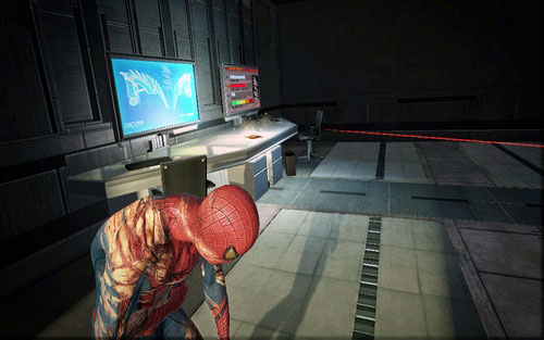 Turn into the room on the right collect the item while avoiding the red beam - Chapter 10 - Spider-Man No More! - p. 1 - Collectibles inside buildings - The Amazing Spider-Man - Game Guide and Walkthrough