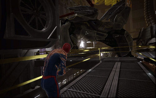 After you get back onto the walkway with red barriers, head straight all the way until you reach the first branching - Chapter 10 - Spider-Man No More! - p. 2 - Collectibles inside buildings - The Amazing Spider-Man - Game Guide and Walkthrough