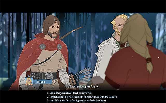 Selection of the last dialogue option on the list results in Hogun's and Mogun's joining the caravan - The more important decisions - The Banner Saga - Game Guide and Walkthrough