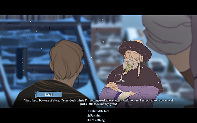 Option to intimidate or to pay Hadd appears only if you join the conversation - Strand - Chapter 1 - The Banner Saga - Game Guide and Walkthrough