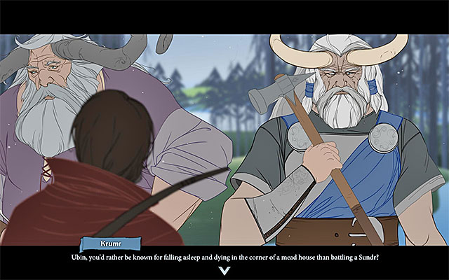 You do not have much influence on the course of the conversation with Krumr - Journey to Sigrholm - Chapter 6 - The Banner Saga - Game Guide and Walkthrough