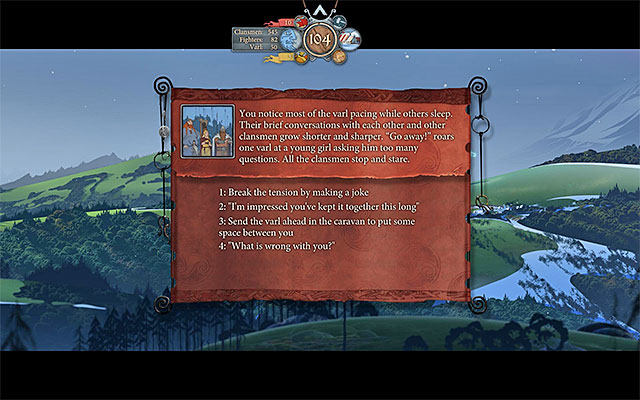 In the case of the event with the giant and the woman scared by him it is best to make both sides reconcile - Journey to Sigrholm - Chapter 6 - The Banner Saga - Game Guide and Walkthrough