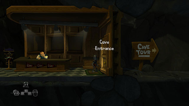 After landing in a small puddle, head out of it with any character and go right - The Gift Shop - The Cave (generally accessible locations) - The Cave - Game Guide and Walkthrough