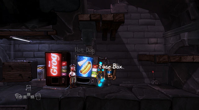 Return to the Grog and hot dog vending machines and place the fuse into the Empty Fuse Box - The Gift Shop - The Cave (generally accessible locations) - The Cave - Game Guide and Walkthrough