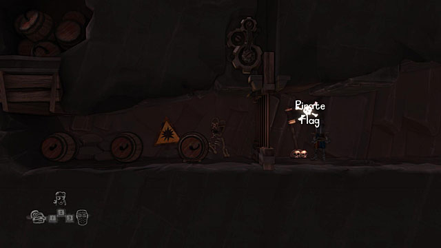 In the lowest corridor there is a locked gate with a skull with a Pirate Flag beside - The Island - The Cave (generally accessible locations) - The Cave - Game Guide and Walkthrough